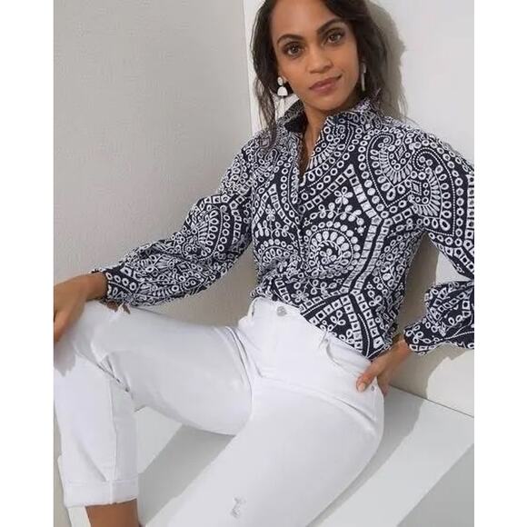 Chico´s Eyelet Billow Sleeve Shirt NWT Sz‎ 2.5 14 Navy Blue White Embroidered - Picture 15 of 15